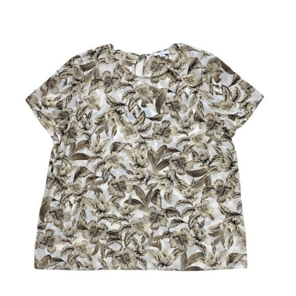 J JILL Brown Taupe Cream Floral Short Sleeve Crew Neck Top Sz Medium - Picture 5 of 7